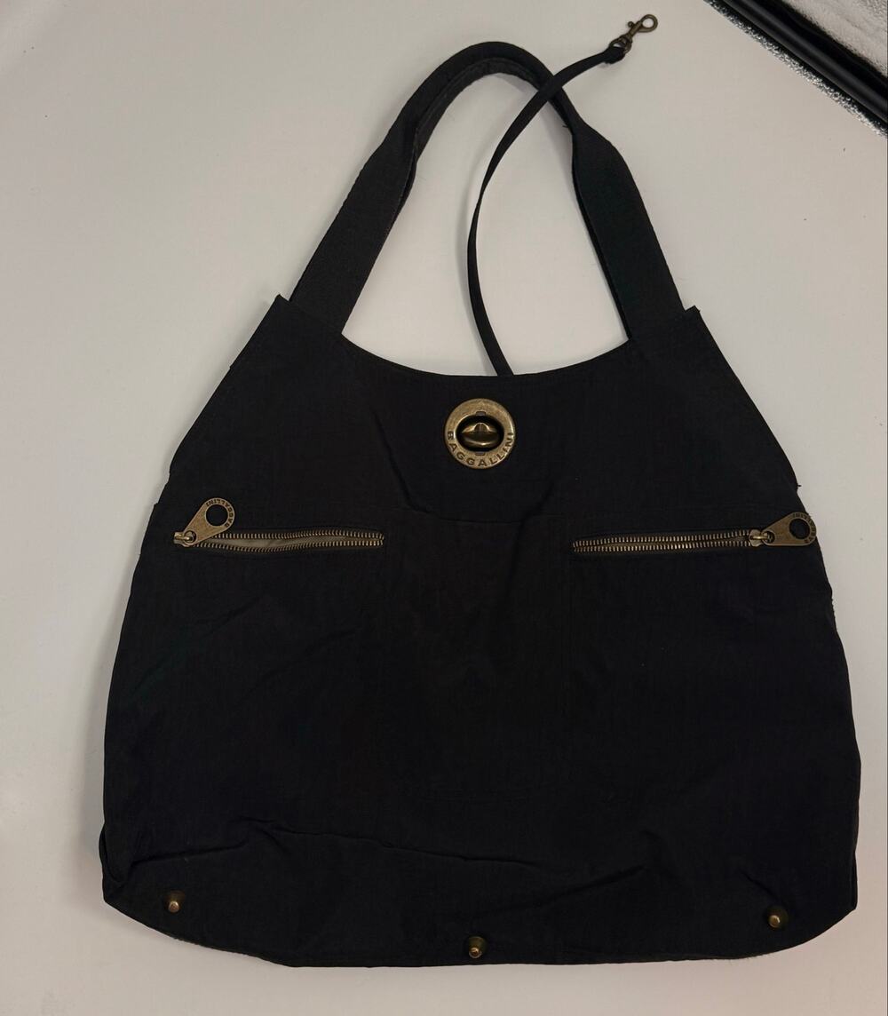 Baggallini Black Nylon Hobo Tote Bag Antique Brass Hardware Luggage Sleeve EUC